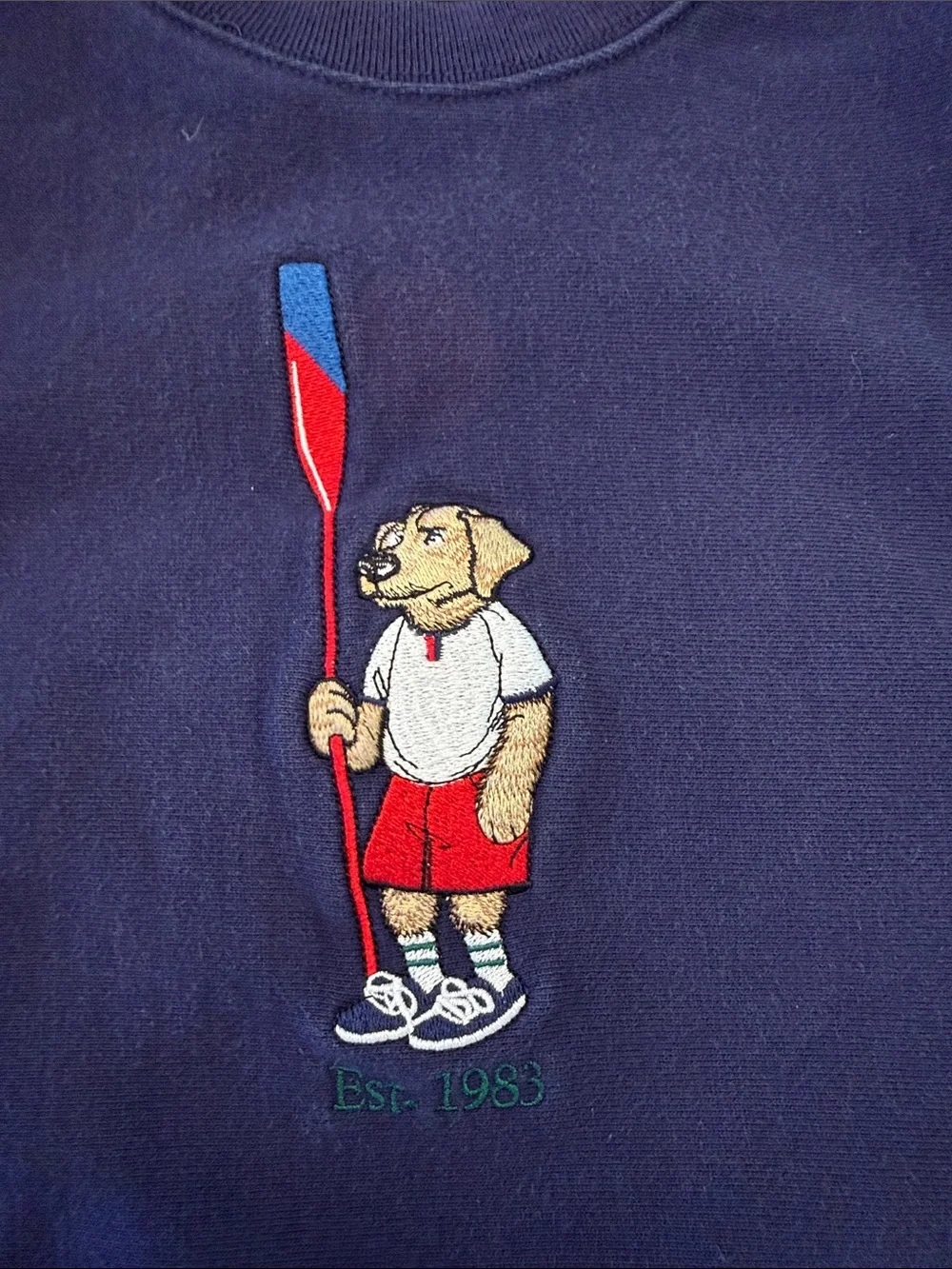 J. Crew Navy Crewneck Sweatshirt with Embroidered Oarsman Dog - Size Small